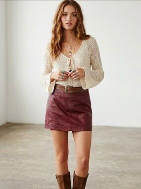 Free People Burgundy Faux Leather Mini Skirt